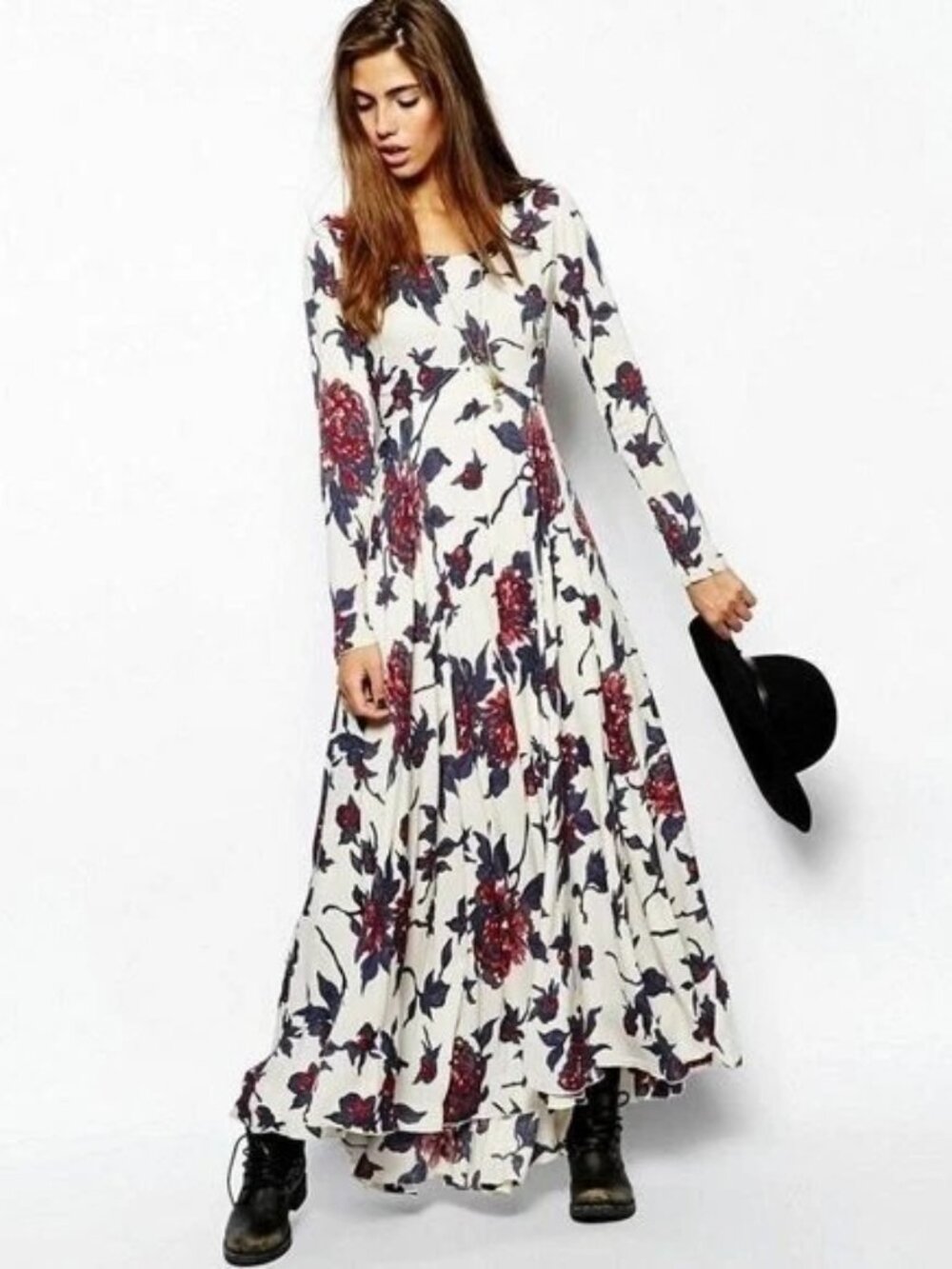 Free People First Kiss Floral Print Maxi Dress Long Sleeve Ivory Combo Size M